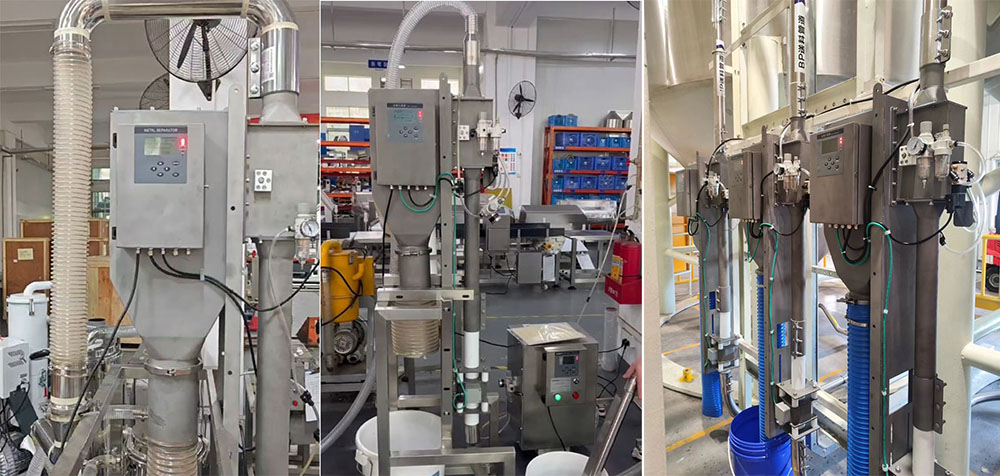 Pneumatic metal separator installed in a high-speed food processing conveying line