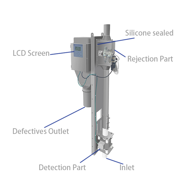 Detailed structural view of the pneumatic metal separator housing and rejection valve